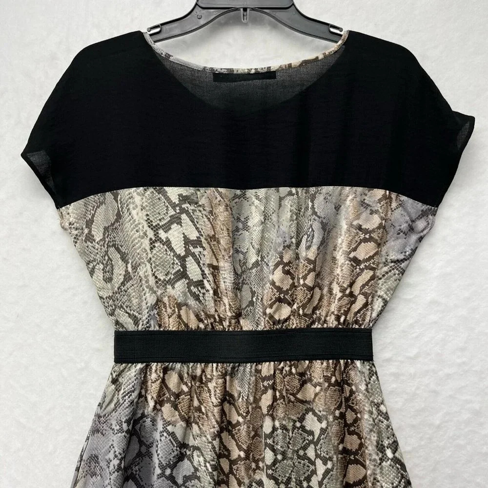 Zara Basic Dress Women's M Brown Black Snake Print Round Neck Elastic Waist Mini - Picture 7 of 8